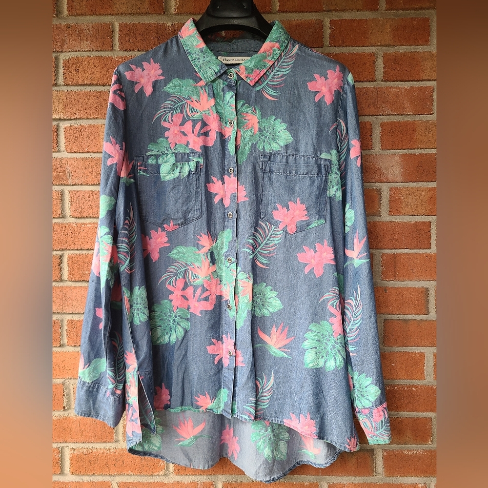 Long sleeve denim US L floral button up shirt